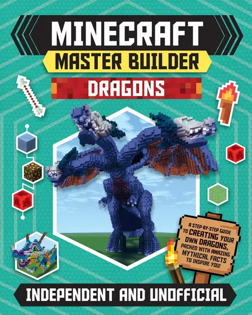 Book cover of 'Minecraft Master Builder: Dragons' with a dragon illustration and colorful design elements.