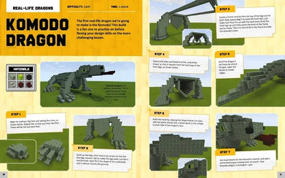 Instructions for building a Komodo Dragon model using building blocks on a yellow background