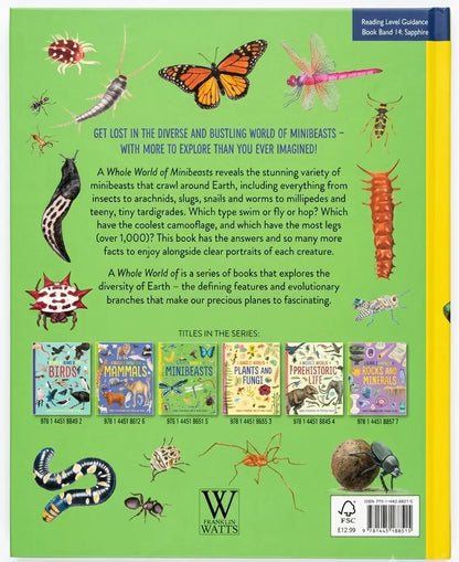 Book cover of 'A Whole World of Minibeasts' with illustrations of various minibeasts on a green background.