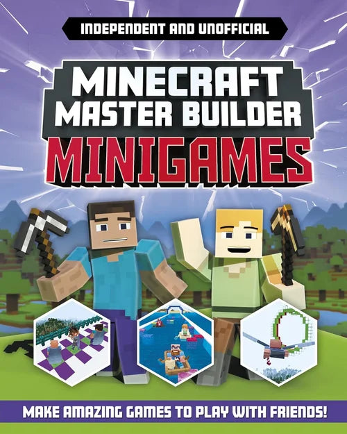 Book cover of 'Minecraft Master Builder Minigames' with two characters and game icons on a blue background.