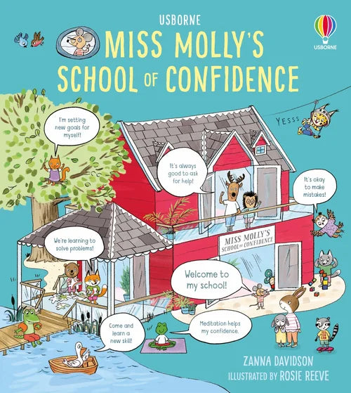 Book cover of 'Miss Molly's School of Confidence' with colorful illustrations and text.