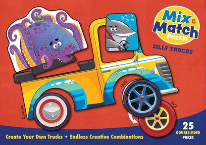 Colorful toy truck puzzle with animals on a red and blue background