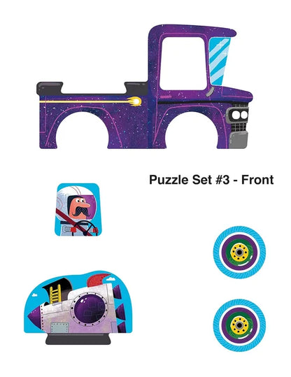 Toy puzzle set with vehicle and character pieces on a white background