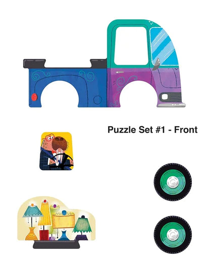 Colorful puzzle set with vehicle and room-themed pieces on a white background