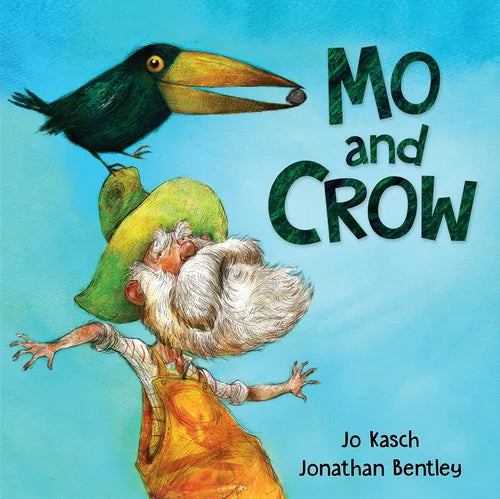 Book cover of 'Mo and Crow' with a bird perched on a gnome's head against a blue background.