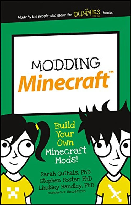 Book cover of 'Modding Minecraft' with two characters and a green background