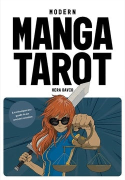 Book cover of 'Modern Manga Tarot' with a character holding a sword and scale.