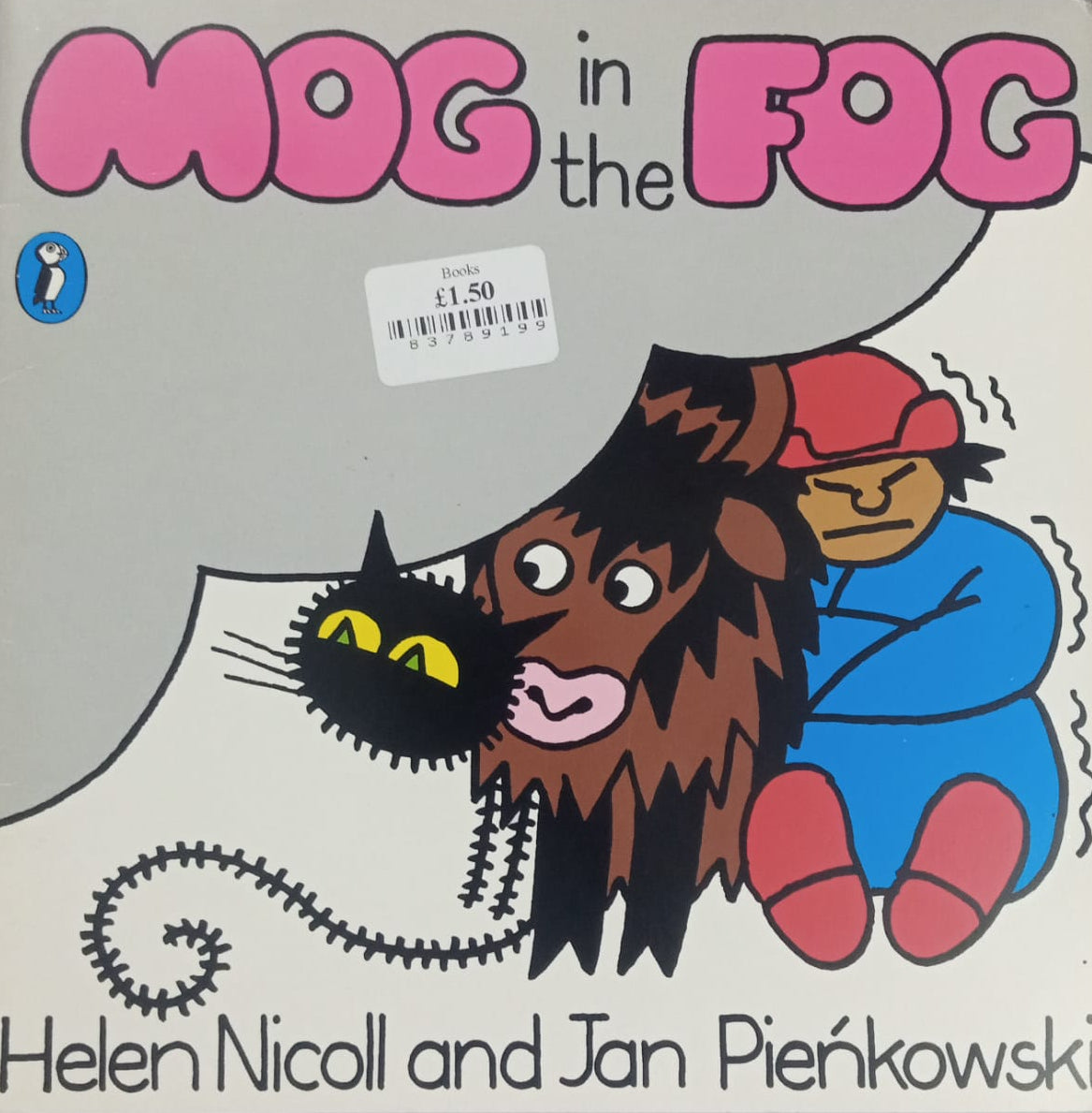 Cover of the book 'Mog in the Fog' featuring illustrations of a brown cat and a child with a blue shirt on a grey background.