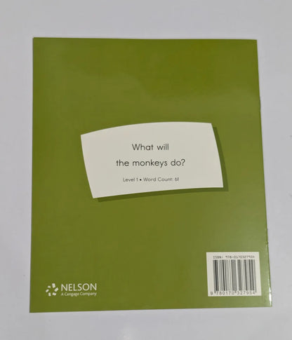 Green book cover with a white label asking 'What will the monkeys do?' and Nelson logo.
