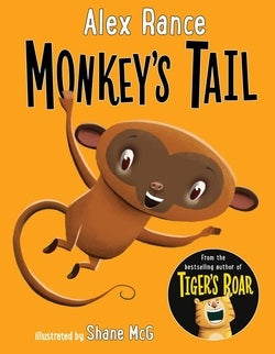 Book cover of 'Monkey's Tail' by Alex Rance with a cartoon monkey on an orange background.