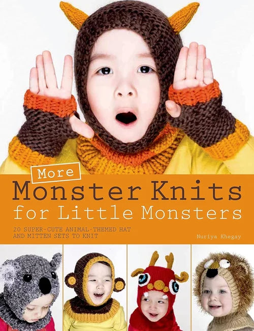Book cover of 'More Monster Knits for Little Monsters' with a child wearing a knitted monster hat and goggles.