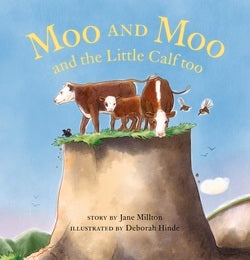 Book cover of 'Moo and Moo and the Little Calf too' with cows on a cliff.