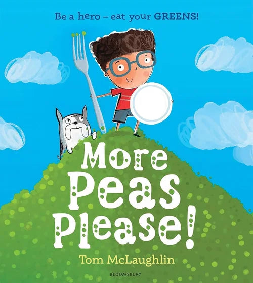 Book cover of 'More Peas Please!' with a child and dog on a green hill against a blue sky.