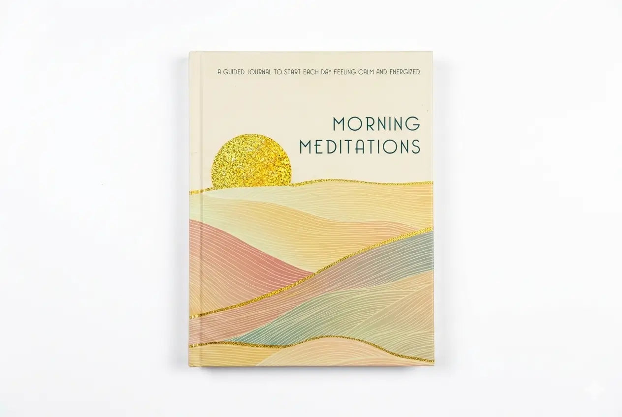 Book titled 'Morning Meditations' with a sun and landscape design on a white background