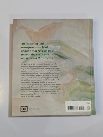 Back cover of a book with text and a landscape illustration on a light gray background