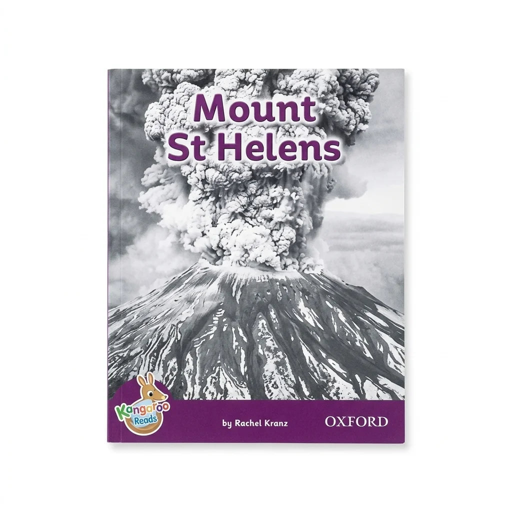A children's book titled 'Mount St Helens' by Rachel Kranz, published by Oxford. The cover features a black and white photograph of an active volcano erupting with a large plume of smoke, and a purple banner at the bottom with the 'Kangaroo Books' logo on the left and the 'OXFORD' publisher logo on the right.