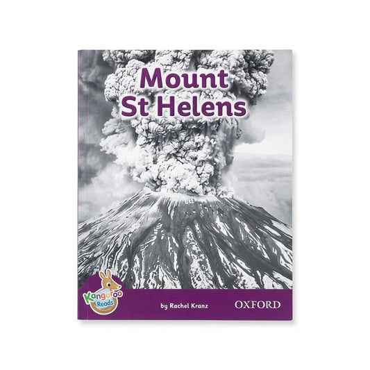 A children's book titled 'Mount St Helens' by Rachel Kranz, published by Oxford. The cover features a black and white photograph of an active volcano erupting with a large plume of smoke, and a purple banner at the bottom with the 'Kangaroo Books' logo on the left and the 'OXFORD' publisher logo on the right.