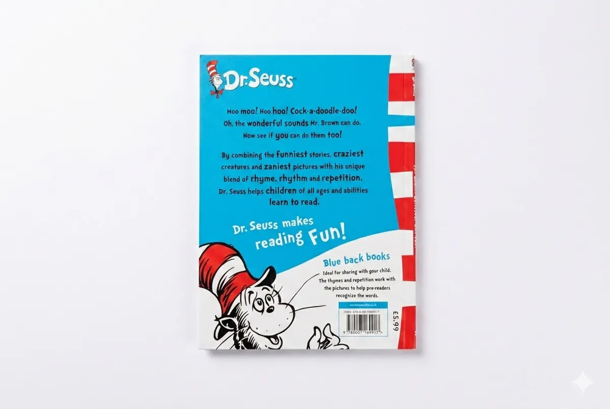 Back cover of a Dr. Seuss book with blue, red, and white design on a white background