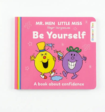 A children's hardcover book titled 'Be Yourself' by Roger Hargreaves, featuring a pink cover with Mr. Men and Little Miss illustrations on a white background.