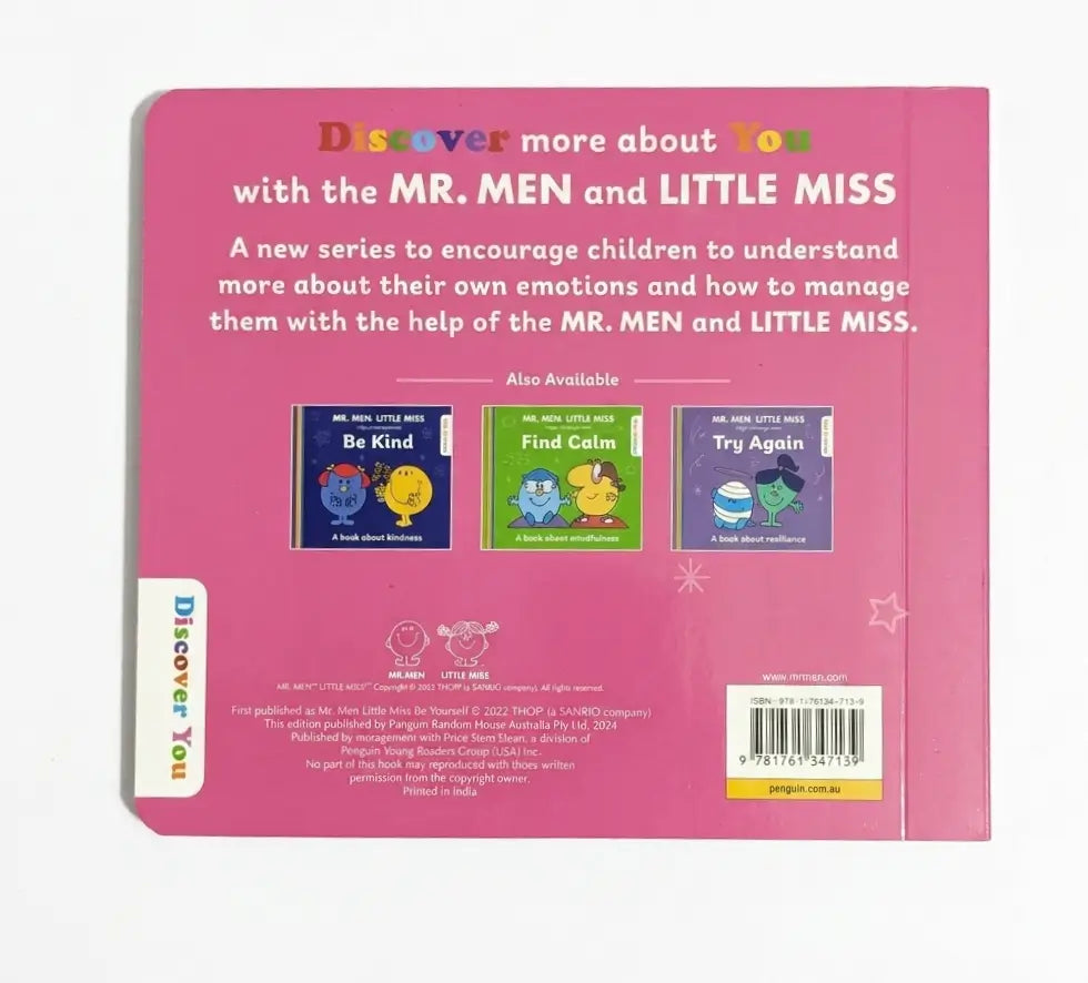 The back cover of a children's book titled 'Discover more about you with the MR. MEN and LITTLE MISS' on a plain white background.