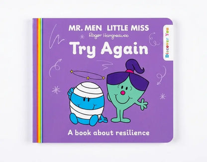 The front cover of the children's book 'Try Again' by Roger Hargreaves, part of the Mr. Men Little Miss series.
