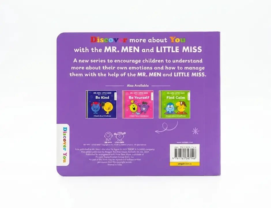 The back cover of a children's book titled 'Discover more about You with the MR. MEN and LITTLE MISS' on a solid purple background, featuring three colorful book covers and a barcode.