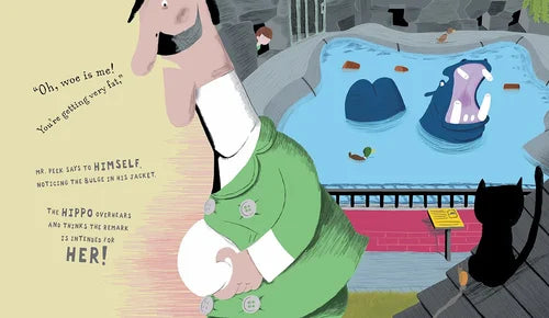 Illustration of a person in a green dress interacting with a hippo in a pool, with text on the left.
