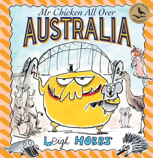 Book cover of 'Mr Chicken All Over Australia' by Leigh Hobbs with cartoon characters and text.