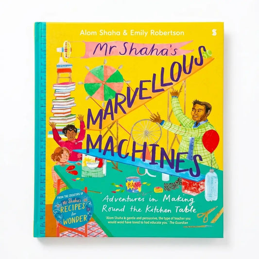 The front cover of the children's book 'Mr Shahha's Marvellous Machines' by Alom Shiaha & Emily Robertson, featuring a bright yellow background with colorful illustrations of children and inventions.