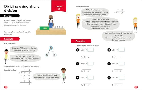 Mathematics textbook page on dividing using short division with examples and methods.