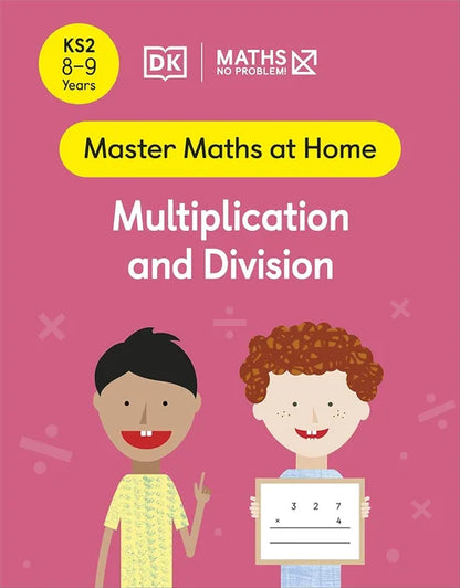 Book cover of 'Master Maths at Home: Multiplication and Division' with two children on a pink background.