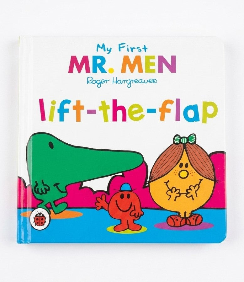 Children's book titled 'My First Mr. Men Lift-the-Flap' with colorful characters on a white background.