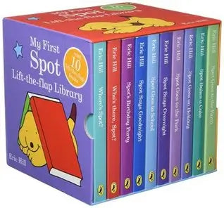 My First Spot Lift-the-Flap Library book set box with colorful children's books displayed behind it on a white background.