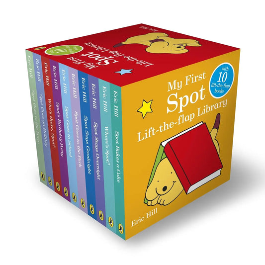 My First Spot Lift-the-flap Library book box set by Eric Hill, featuring a red top lid with a cartoon dog face and a yellow front panel showing a red book being lifted. The side spines display multiple colorful book titles including 'Spot the Big One', 'Spot the Writer', and 'Spot the Overmind'.