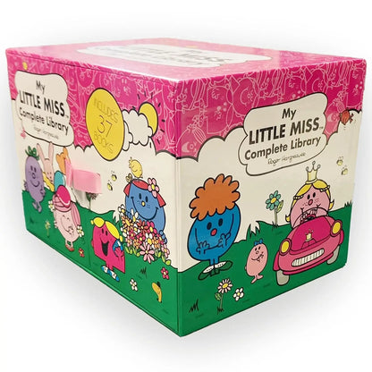 My Little Miss: Complete Library book box set by Roger Ludford, featuring a colorful pink, white, and green box with cartoon characters and flowers.