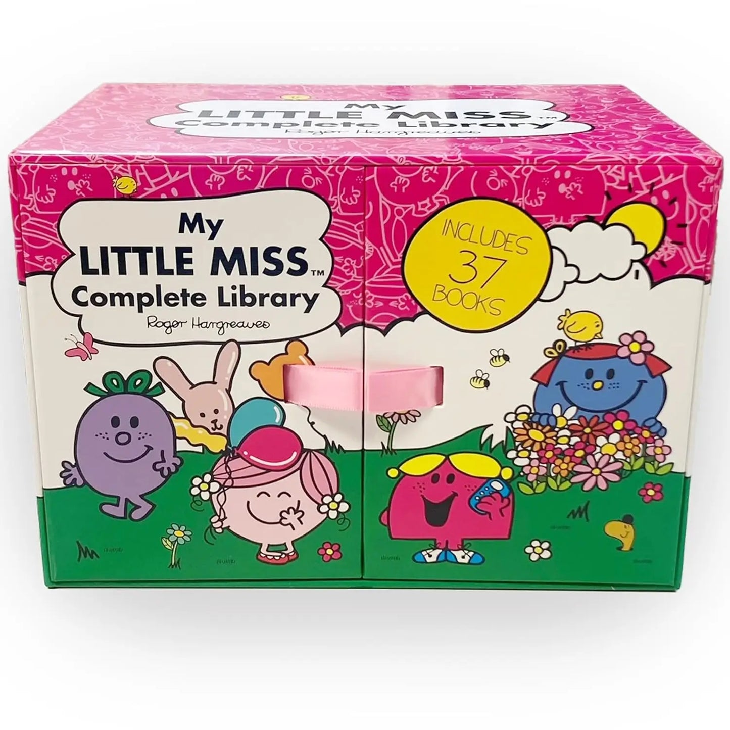 My Little Miss Complete Library book box set by Roger Hargreaves, featuring a pink and white box with cartoon characters and a yellow badge that says 'Includes 37 books'.