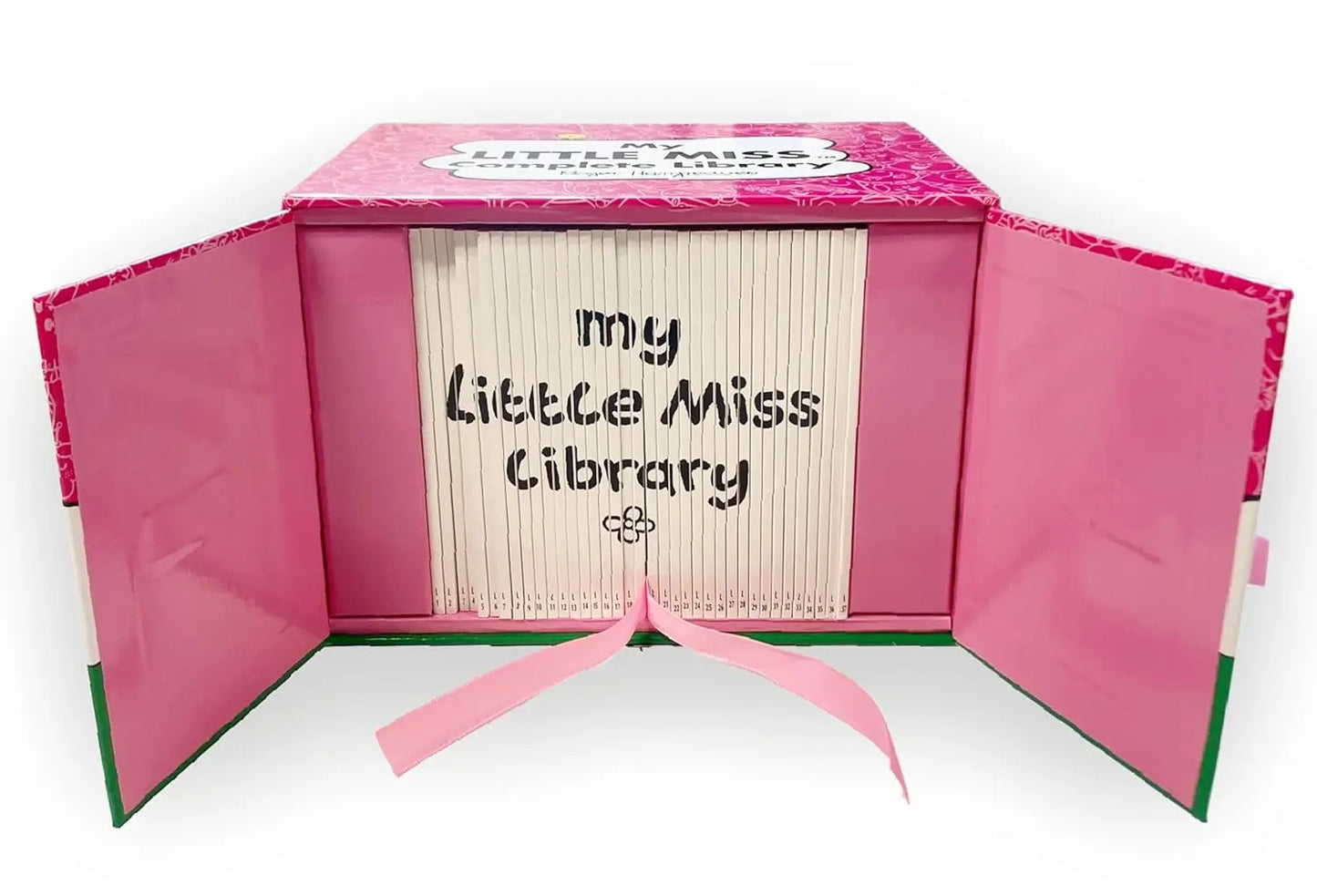 A pink hardcover book-style box labeled 'Little Miss Library' shown open, with cream-colored book pages fanned inside and the title 'my Little Miss Library' printed on the front. A pink ribbon is tied at the bottom.