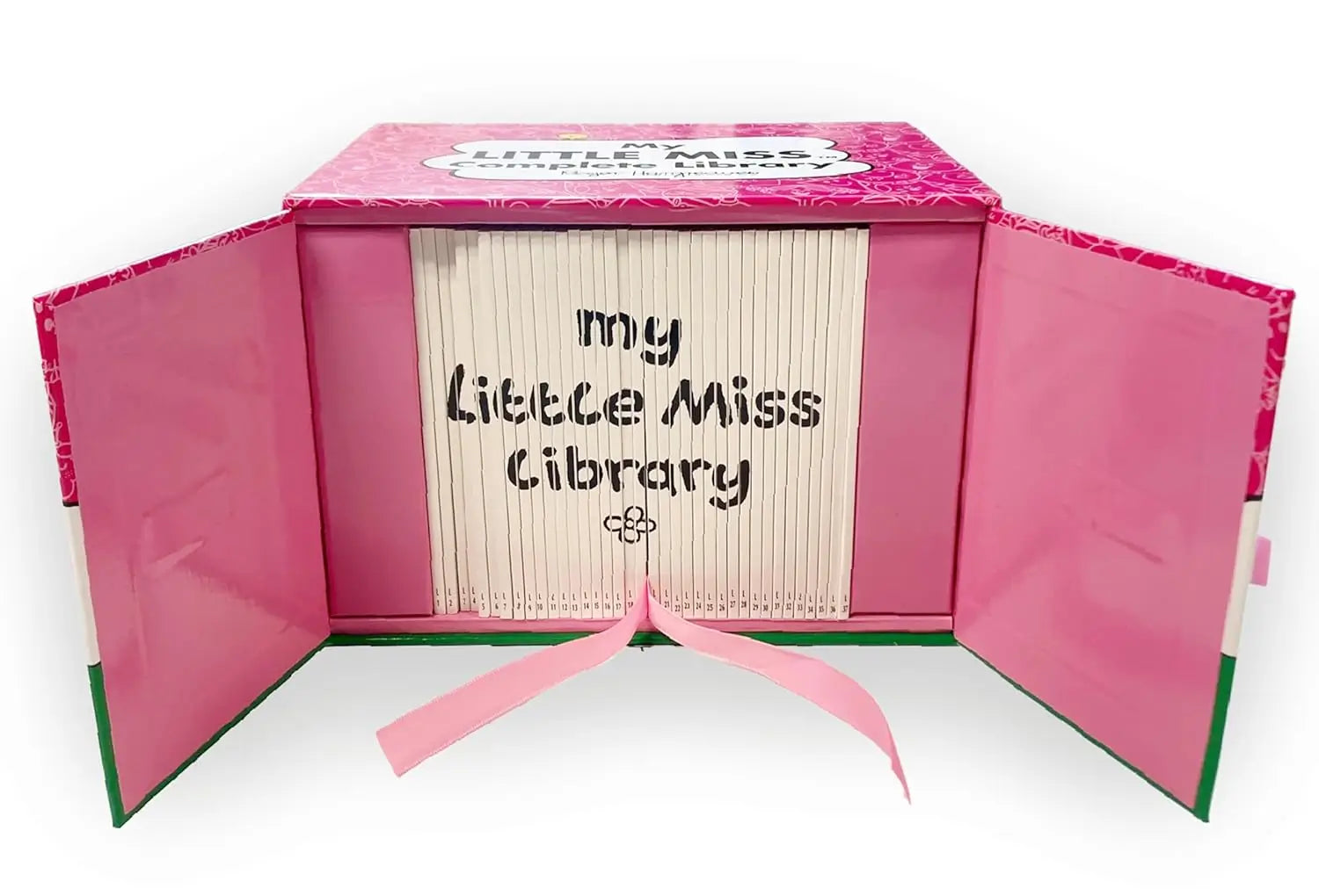 A pink hardcover book-style box labeled 'Little Miss Library' shown open, with cream-colored book pages fanned inside and the title 'my Little Miss Library' printed on the front. A pink ribbon is tied at the bottom.