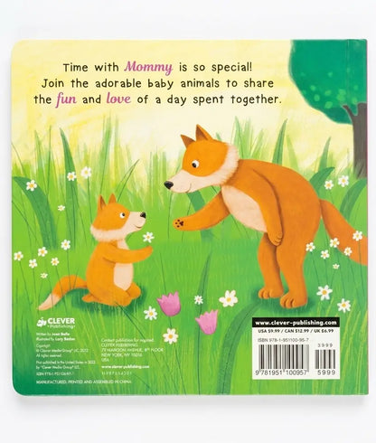 Back cover of a children's book with two foxes in a grassy field and text about time spent with mommy.