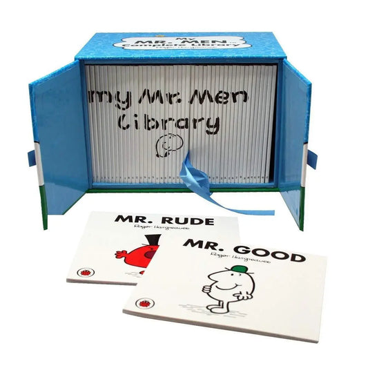 Mr. Men Library book set with a blue cardboard box, two white books titled 'Mr.