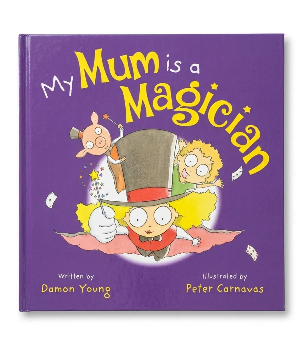 Children's book titled 'My Mum is a Magician' with cartoon illustrations on a purple background.