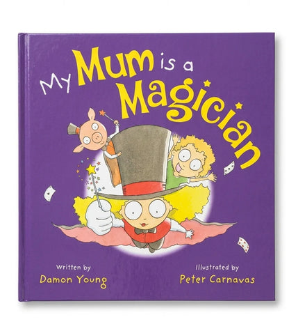 Children's book titled 'My Mum is a Magician' with cartoon illustrations on a purple background.