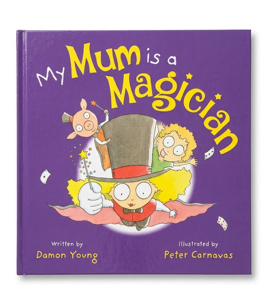 Children's book titled 'My Mum is a Magician' with cartoon illustrations on a purple background.