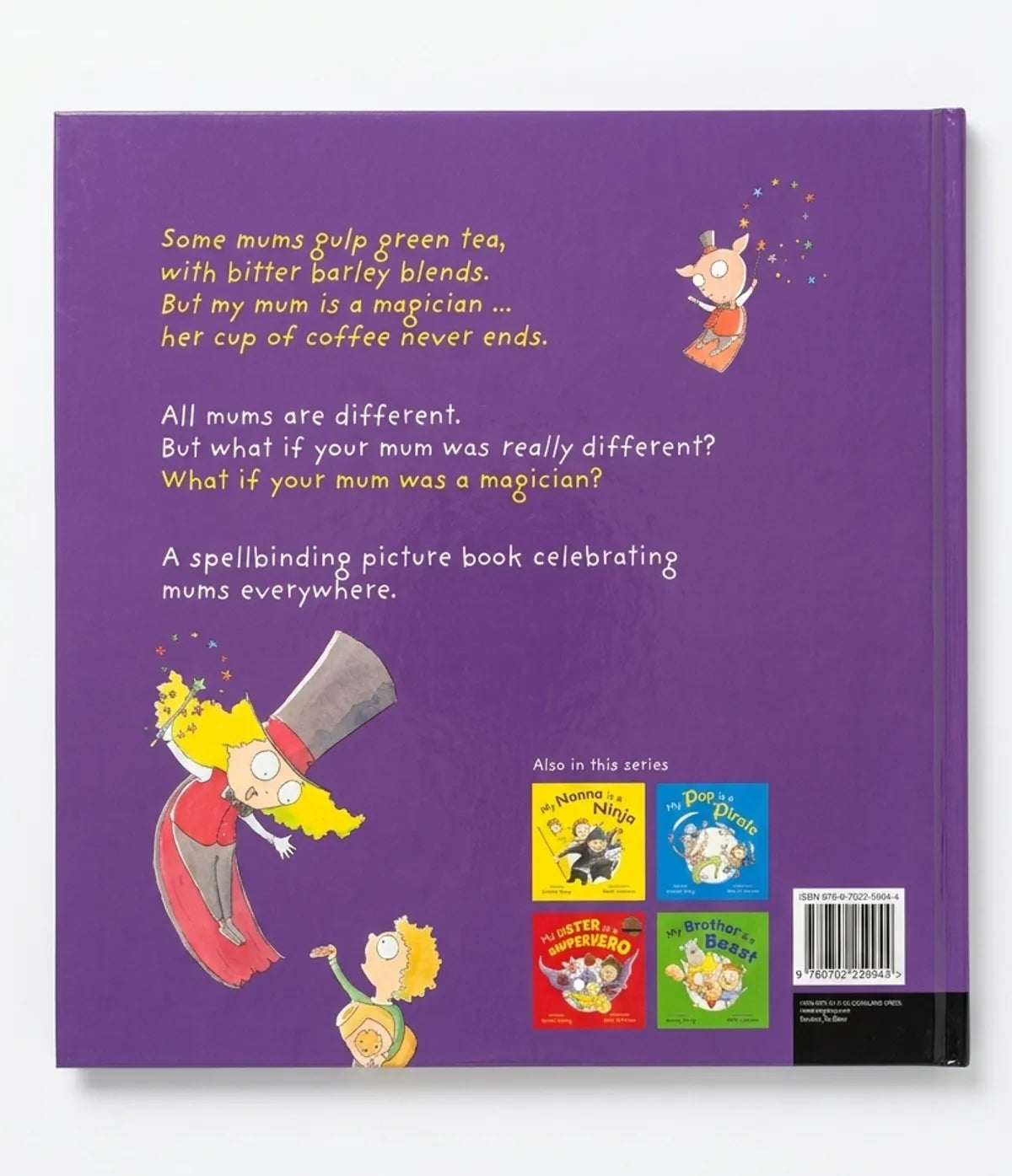 Book cover with text and illustrations on a purple background