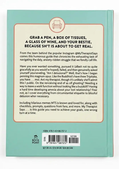 Book cover with humorous text and branding on a light blue background