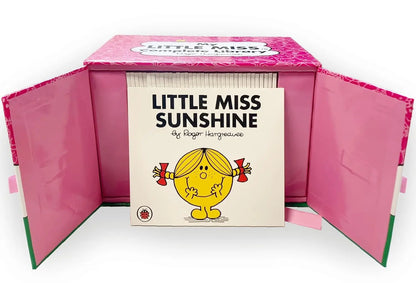 Little Miss Sunshine children's book displayed in front of its open pink box packaging on a white background.
