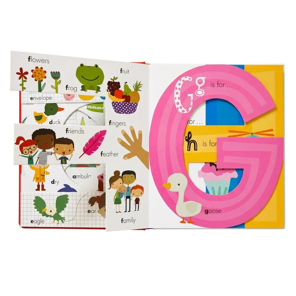 An open children's alphabet book spread showing the letter G in multiple interactive pages, including a large pink cutout G, words like flowers, fruit, envelope, duck, friends, feathers, family, and goose, with colorful illustrations and a yellow-and-blue backing.