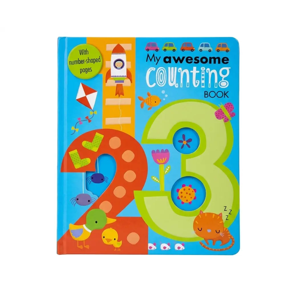 My Awesome Counting Book featuring a large interactive number 23 design with colorful cartoon animals and vehicles on a bright blue cover, shown against a plain white background.
