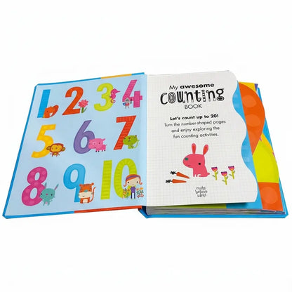 An open children's counting book with colorful number pages on one side and a counting activity page on the other, photographed on a clean white background.