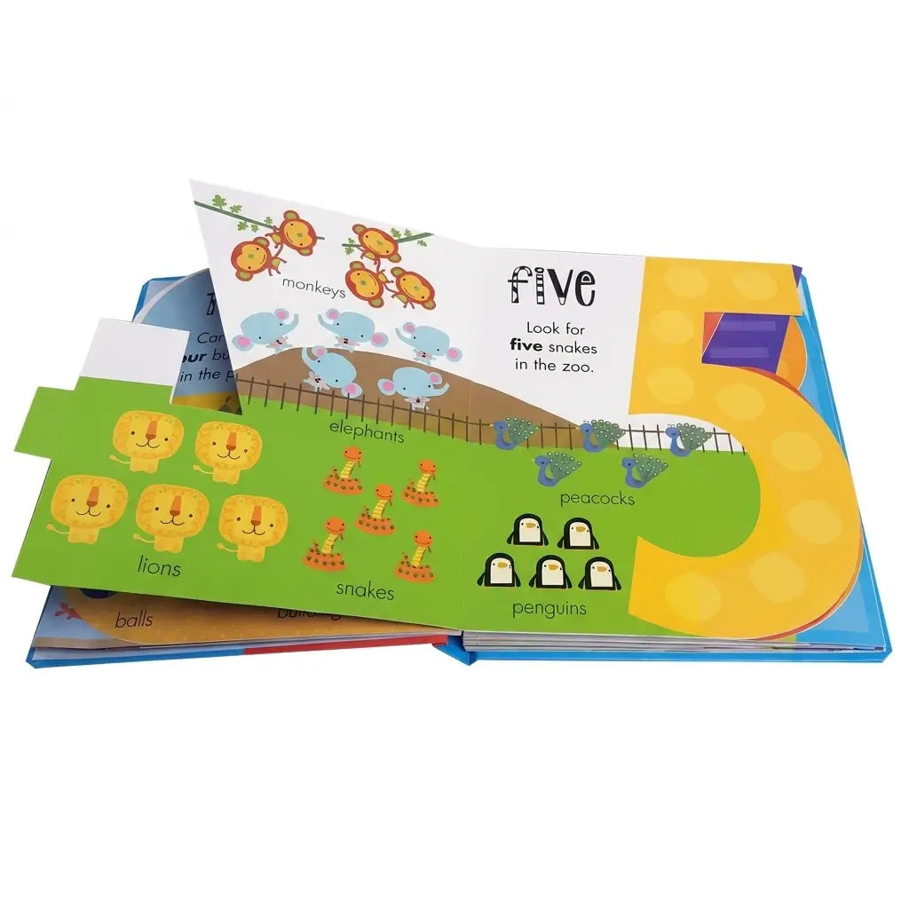 A colorful children's pop-up book or activity book shown open on a white background, with illustrated animals and text including monkeys, elephants, lions, snakes, peacocks, and penguins.